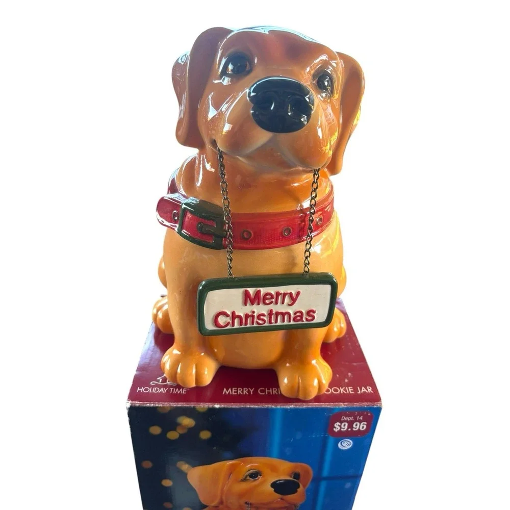 VTG  Yellow Lab Cookie Jar Dog With‎ Hanging Merry Christmas/Welcome Sign